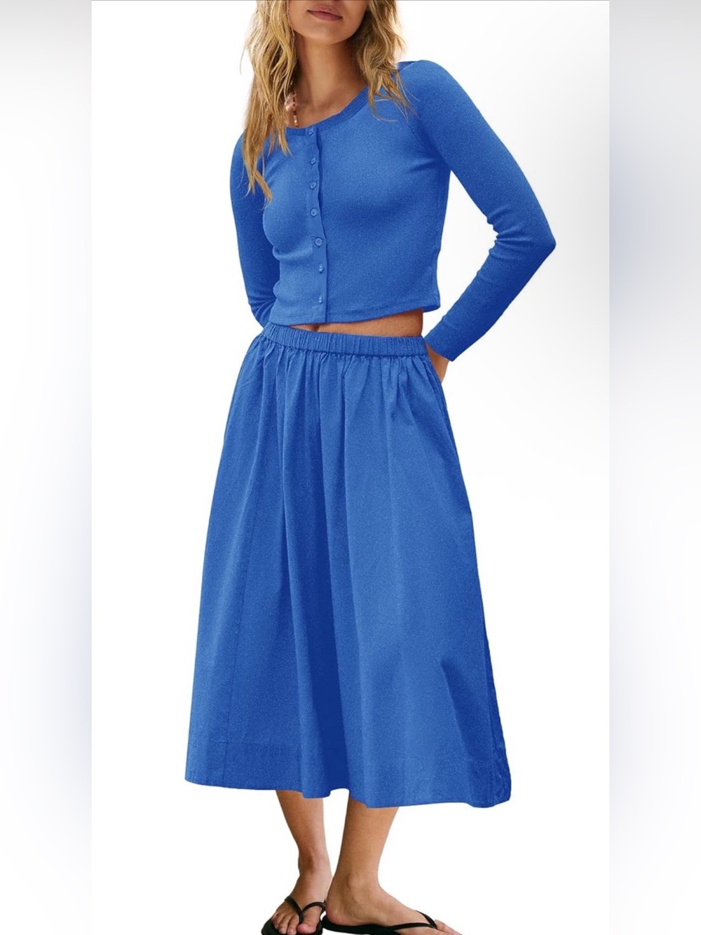Women’s 2 Piece Ribbed Button Down Cardigan and Elastic Waist Skirt Set